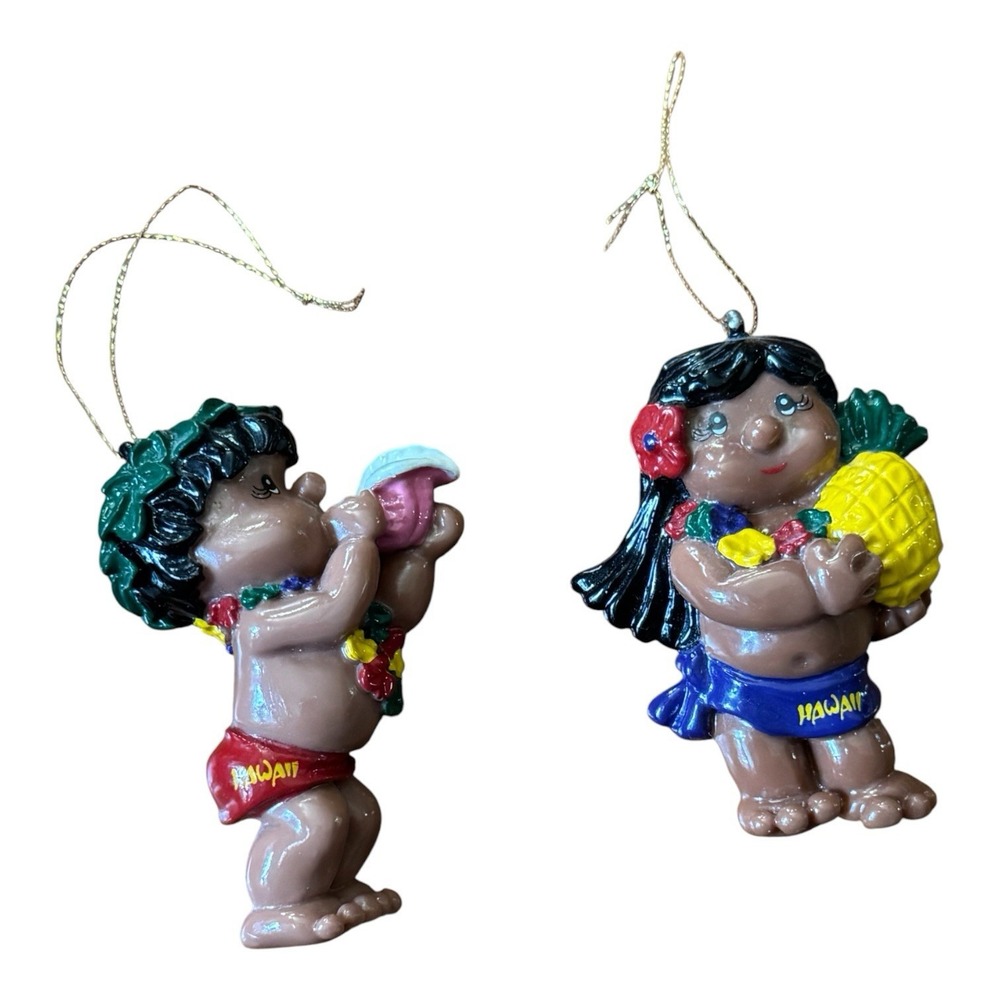 Vintage 1990 Poi People Hawaii Christmas Ornaments Boy Girl Pineapple Lot 2